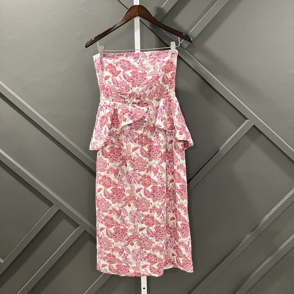 Hyacinth House Floral Strapless Peplum Midi Dress Women's Size S Pink White